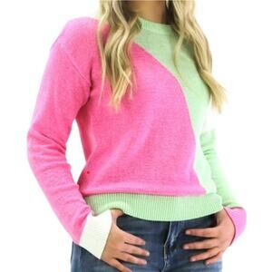 NWT Kori Womens Crew Neck All Color Block Sweater Pink Multicolor Soft Knit L